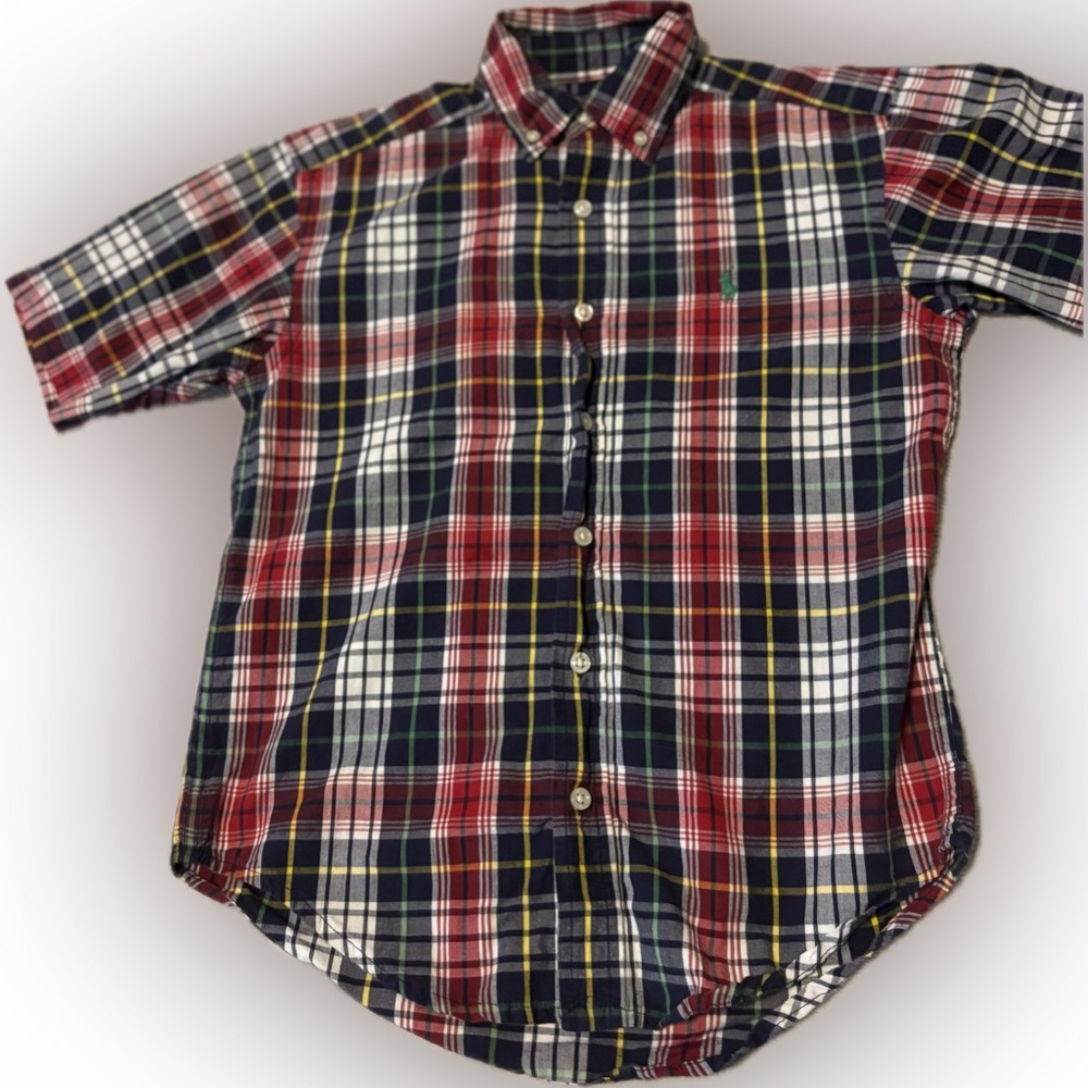 Boy's Ralph Lauren Short Sleeve Button Down Shirt. Size S- Burg/green/blue plaid